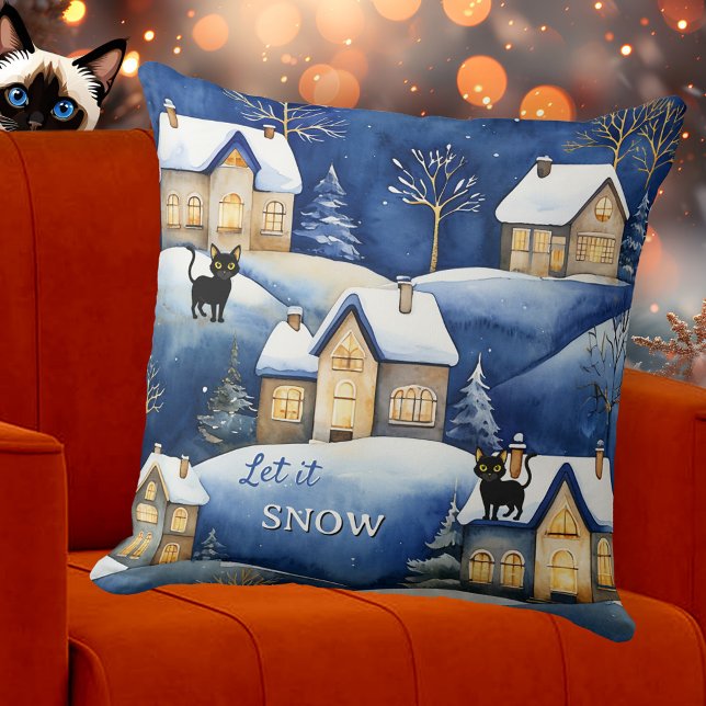 Snow Landscape Cute Winter Cat Cushion (Pillow featuring a painting of a cool snow covered winter landscape with cute cats - Christmas)