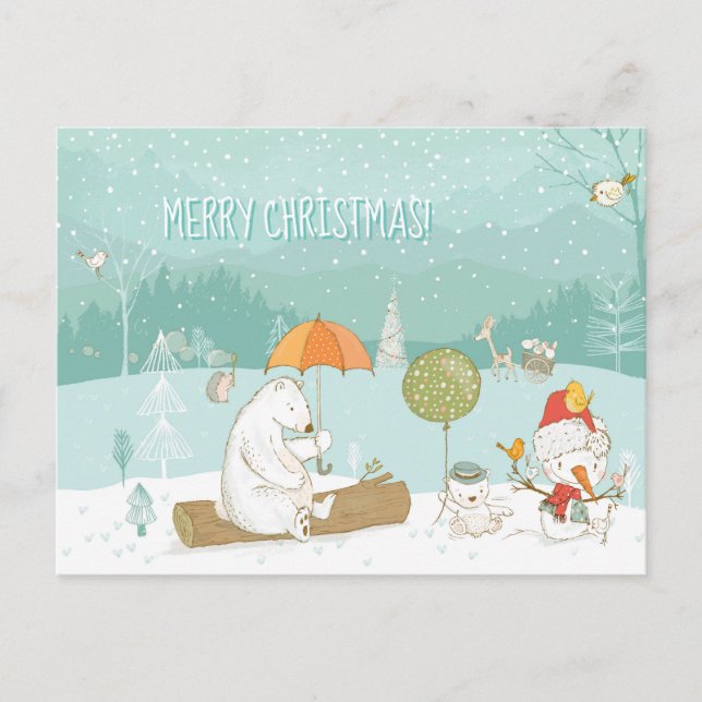 Snow Landscape Scene Bears and Snowman Christmas Postcard (Front)