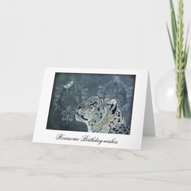 Snow Leopard and Moth Birthday Card (Front)