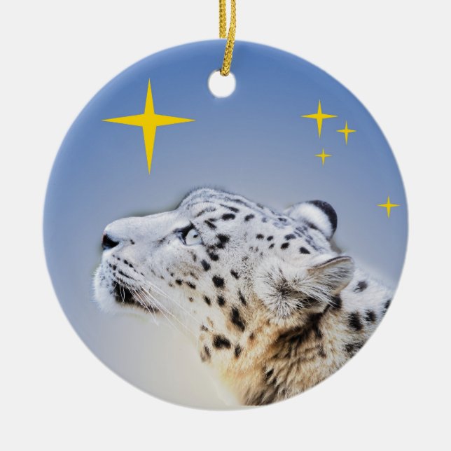 Snow Leopard and The Stars Ceramic Tree Decoration (Front)
