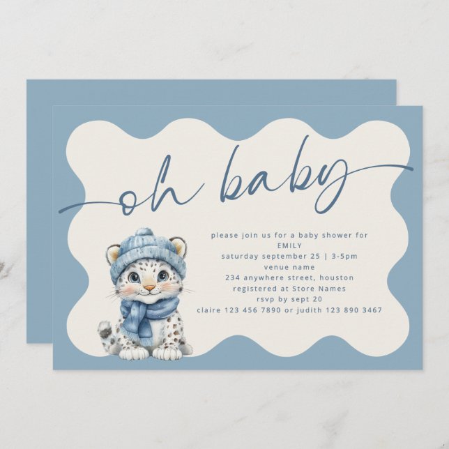 Snow Leopard Arctic Wavy Border Oh Baby Shower Invitation (Front/Back)