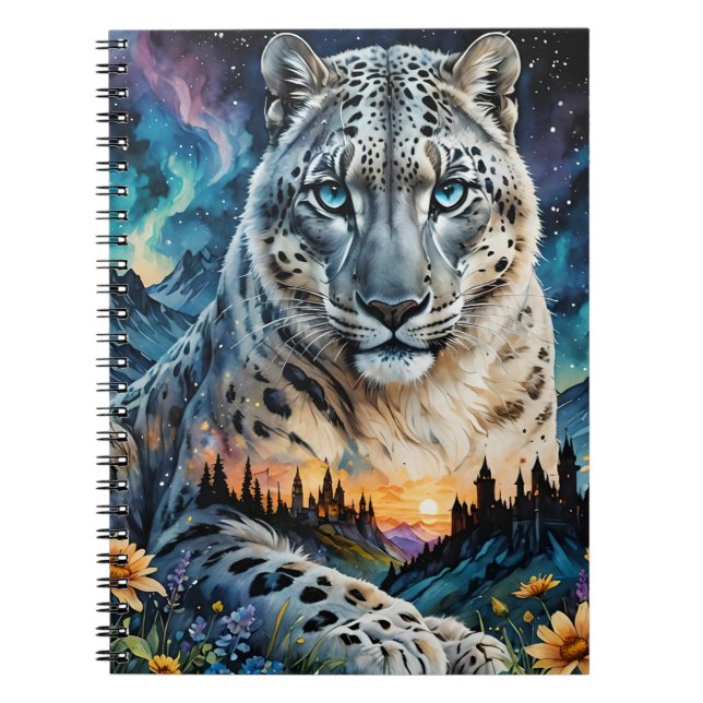 Snow Leopard Castle Moon, Aurora borealis Notebook (Front)