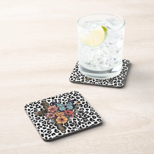 Snow Leopard Cross, Flowers and Butterflies Coaster