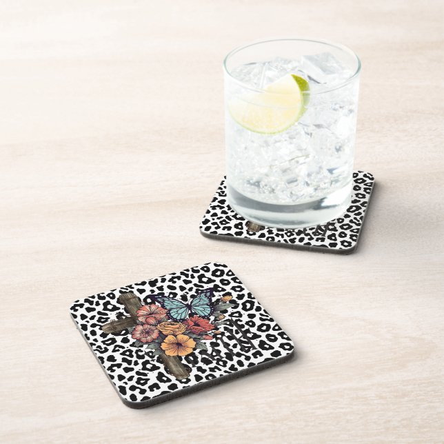 Snow Leopard Cross, Flowers and Butterflies Coaster (Right Side)