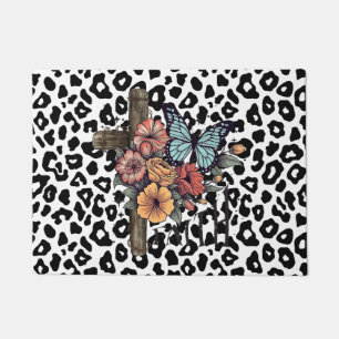Snow Leopard Cross, Flowers and Butterflies Doormat