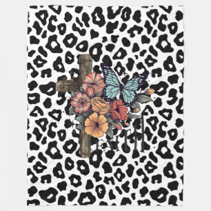 Snow Leopard Cross, Flowers and Butterflies Fleece Blanket