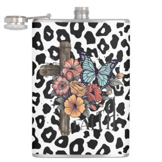 Snow Leopard Cross, Flowers and Butterflies Hip Flask