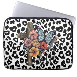 Snow Leopard Cross, Flowers and Butterflies Laptop Sleeve