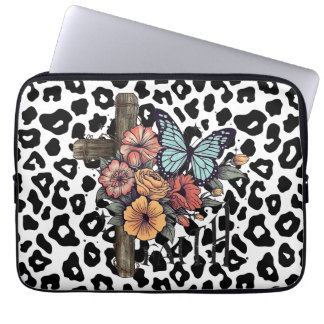 Snow Leopard Cross, Flowers and Butterflies Laptop Sleeve