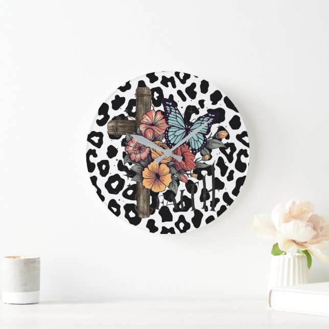 Snow Leopard Cross, Flowers and Butterflies Large Clock (Home)