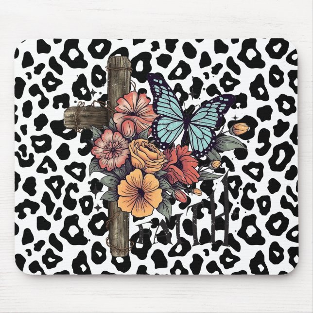 Snow Leopard Cross, Flowers and Butterflies Mouse Pad (Front)