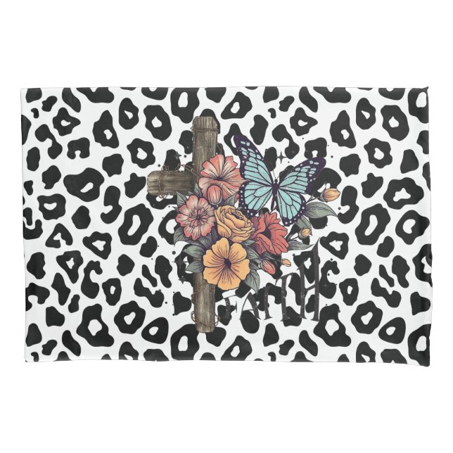 Snow Leopard Cross, Flowers and Butterflies Pillowcase (Front)