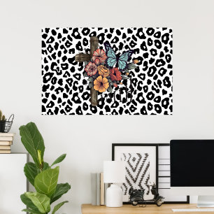Snow Leopard Cross, Flowers and Butterflies Poster