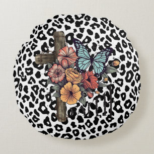 Snow Leopard Cross, Flowers and Butterflies Round Cushion