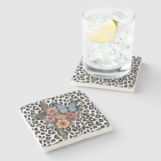 Snow Leopard Cross, Flowers and Butterflies Stone Coaster