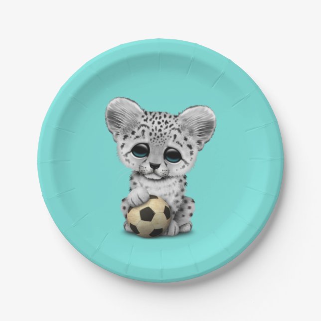 Snow leopard Cub With Football Soccer Ball Paper Plate (Front)