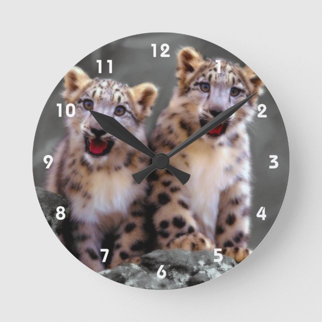 Snow Leopard Cubs Round Clock (Front)