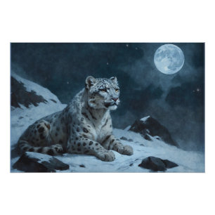 Snow Leopard & Full Moon Poster