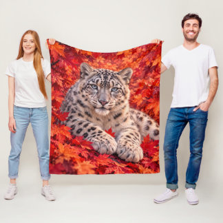 Snow Leopard in Autumn Maple Leaves – Wildlife Art Fleece Blanket