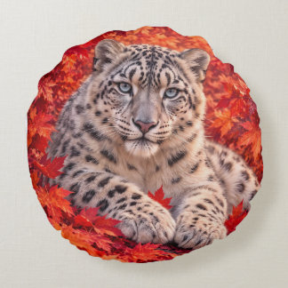 Snow Leopard in Autumn Maple Leaves – Wildlife Art Round Cushion