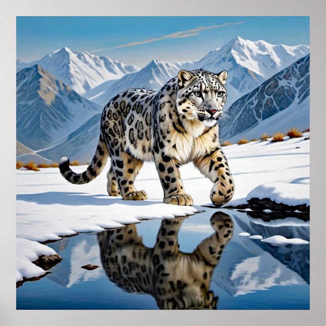 Snow Leopard in Mountainous Winter Landscape Poster (Front)