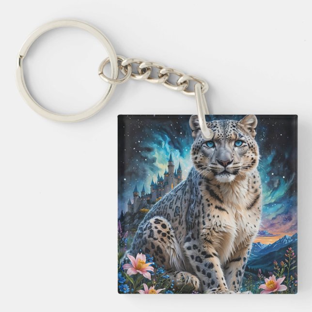 Snow Leopard Mountain Castle Starry Sky Key Ring (Front)