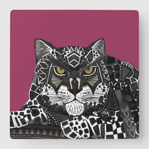 snow leopard pink square wall clock