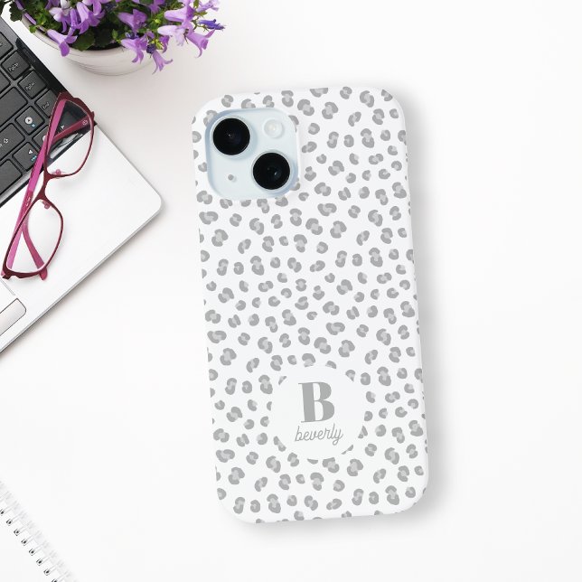 Snow Leopard Print Monogrammed Modern iPhone 15 Case (Creator Uploaded)