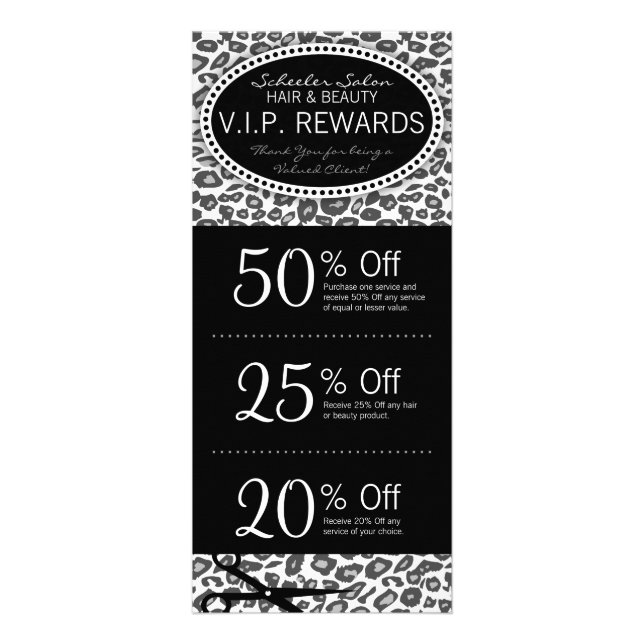 Snow Leopard Print Salon Coupons Specials Rack Card (Front)
