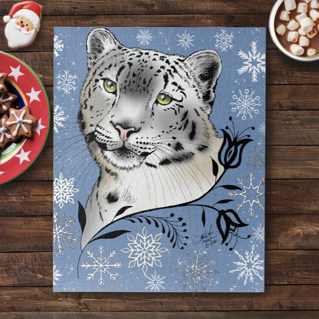 Snow Leopard Snowflakes Blue Flowers Jigsaw Puzzle (Creator Uploaded)