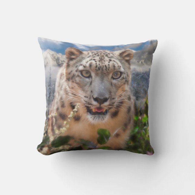 SNOW LEOPARD SPRINGTIME FLOWERS CUSHION (Front)