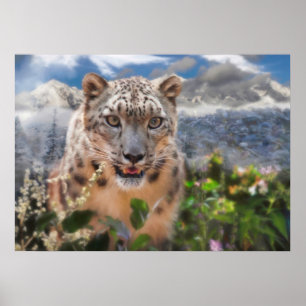 SNOW LEOPARD SPRINGTIME FLOWERS POSTER