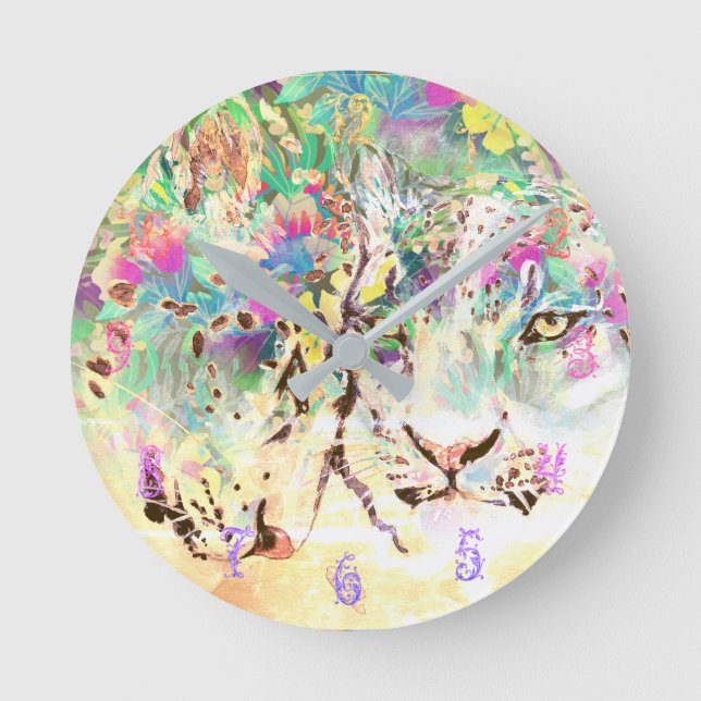Snow leopard tropical floral Hawaiian pastel Round Clock (Front)