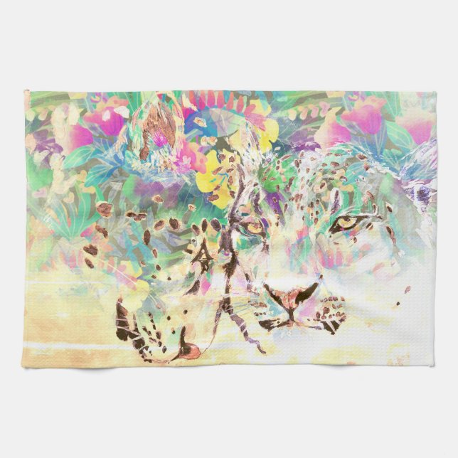 Snow leopard tropical flowers Hawaiian pastel  Tea Towel (Horizontal)