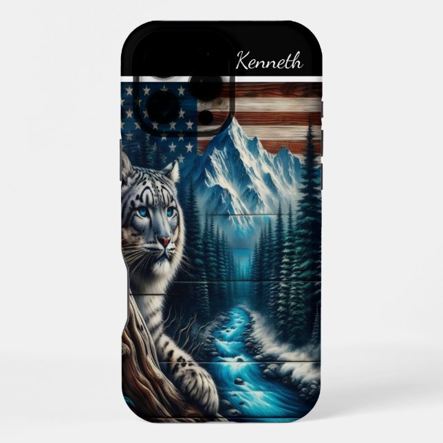 Snow Leopard Under an American Flag iPhone Case (Back)