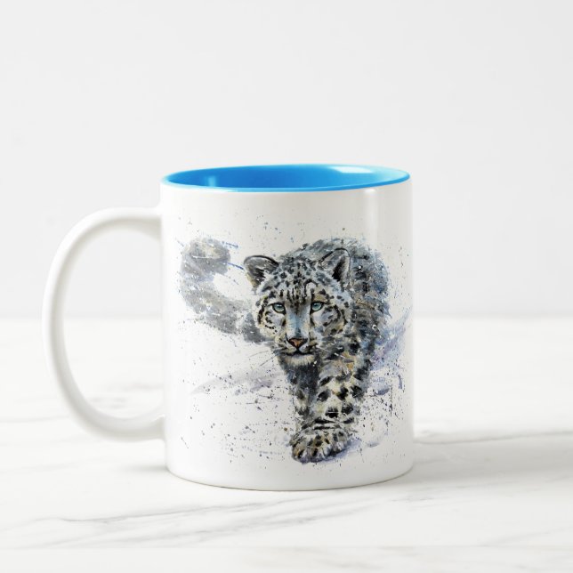Snow Leopard Watercolor Two-Tone Coffee Mug (Left)