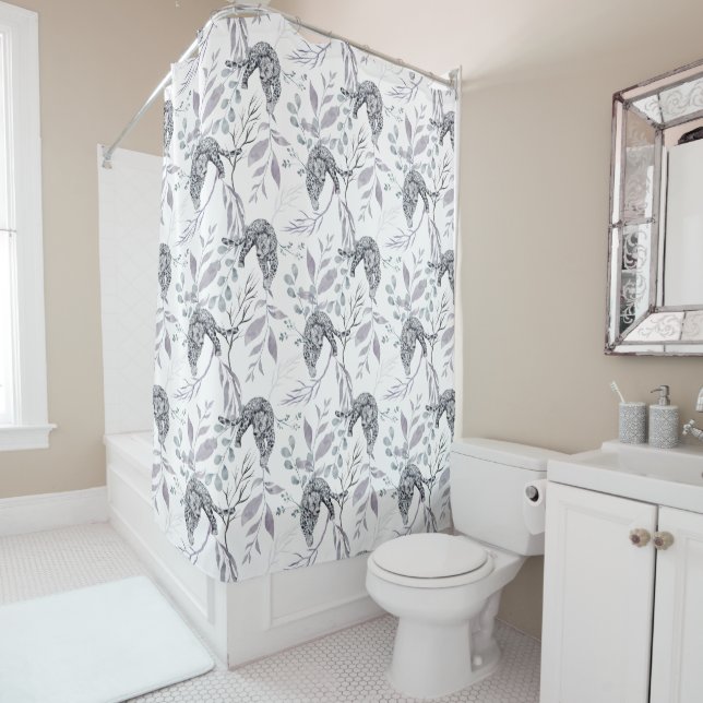 Snow Leopard Whimsical Botanicals Shower Curtain (In Situ)