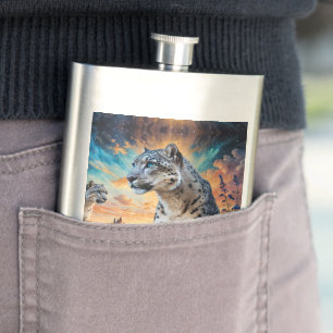 Snow Leopard Wildfire Sunrise reflection Hip Flask