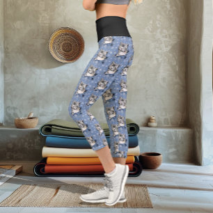 Snow Leopard Winter Elegance Blue Snowflakes Capri Leggings