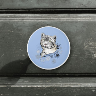 Snow Leopard Winter Elegance Blue Snowflakes Ceramic Knob