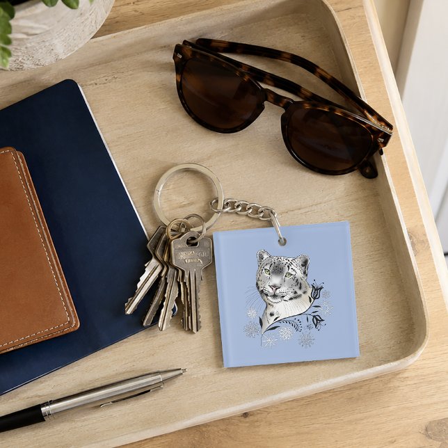 Snow Leopard Winter Elegance Blue Snowflakes Key Ring (Creator Uploaded)