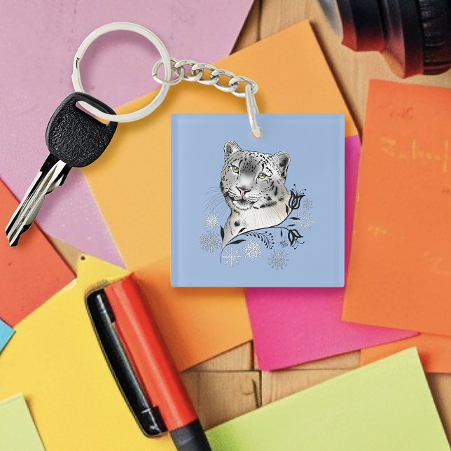 Snow Leopard Winter Elegance Blue Snowflakes Key Ring (Creator Uploaded)