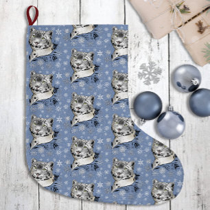 Snow Leopard Winter Elegance Blue Snowflakes Large Christmas Stocking