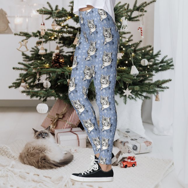 Snow Leopard Winter Elegance Blue Snowflakes Leggings (Creator Uploaded)