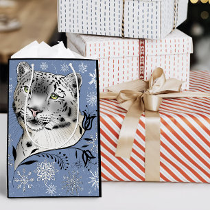Snow Leopard Winter Elegance Blue Snowflakes Medium Gift Bag