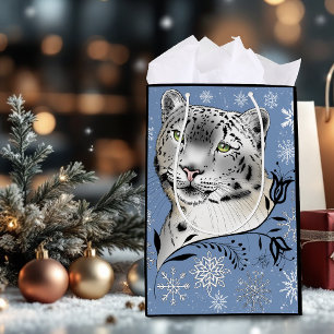 Snow Leopard Winter Elegance Blue Snowflakes Medium Gift Bag