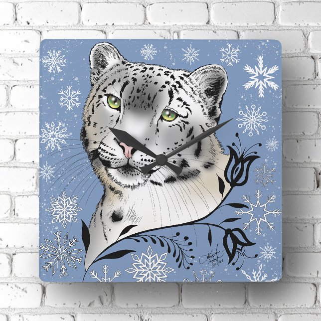 Snow Leopard Winter Elegance Blue Snowflakes Square Wall Clock (Creator Uploaded)