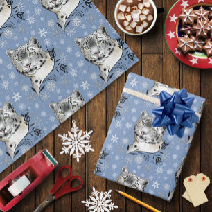 Snow Leopard Winter Elegance Blue Snowflakes Wrapping Paper