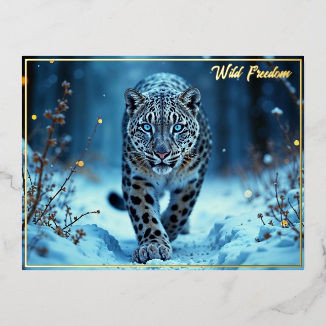 Snow leopard winter majestic blue-eyed predator foil holiday postcard (Front)