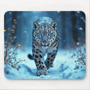 Snow leopard winter majestic blue-eyed predator mouse pad